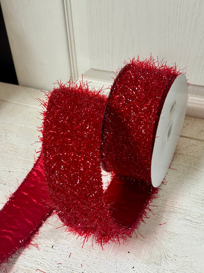 2.5 Inch By 10 Yard Burgundy Fuzzy Tinsel Ribbon