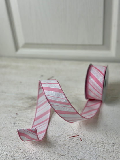 1.5 Inch By 10 Yard Light Pink And White Glitter Striped Ribbon