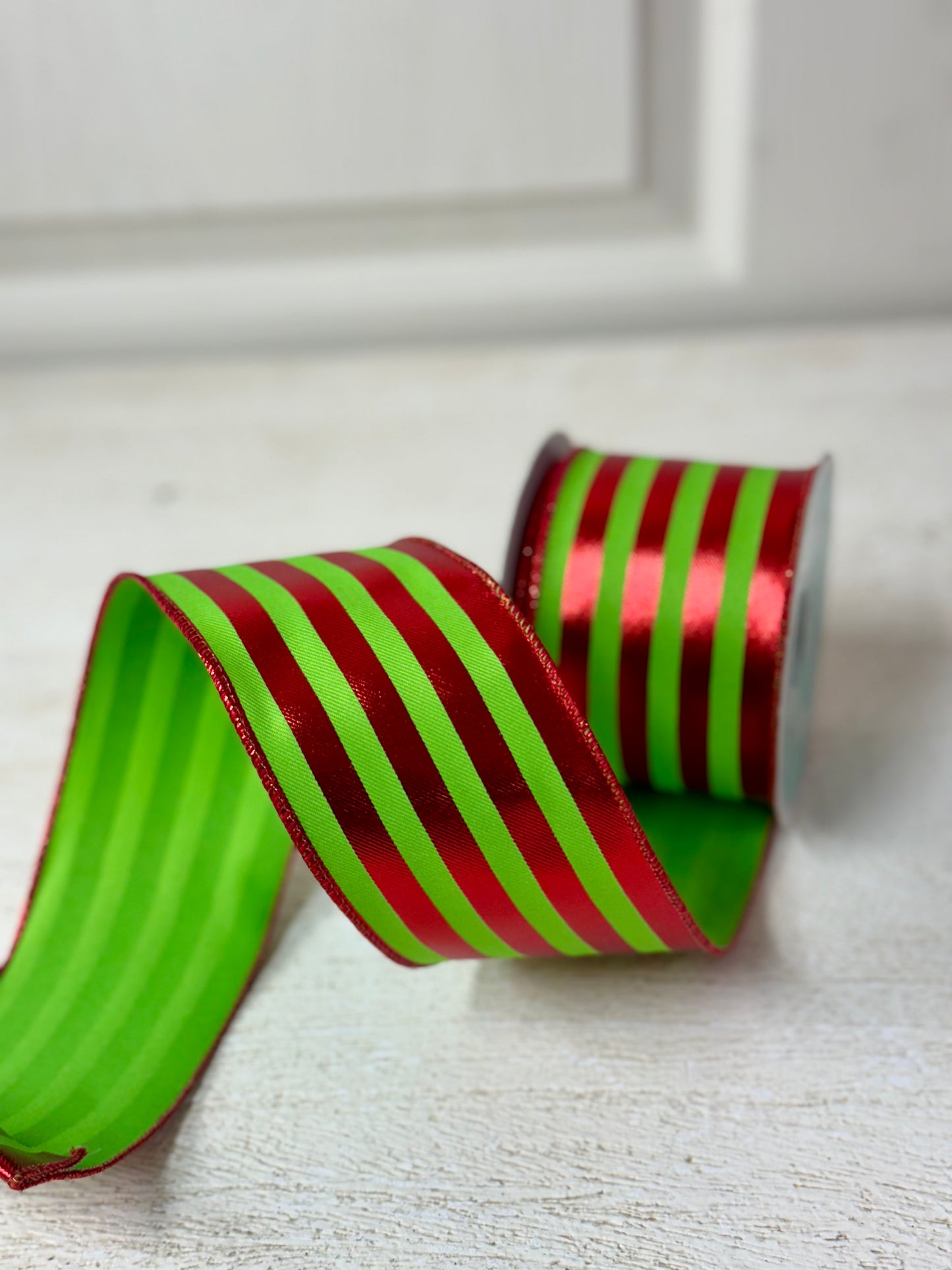 2.5 Inch By 10 Yard Red And Lime Metallic Vertical Striped Ribbon