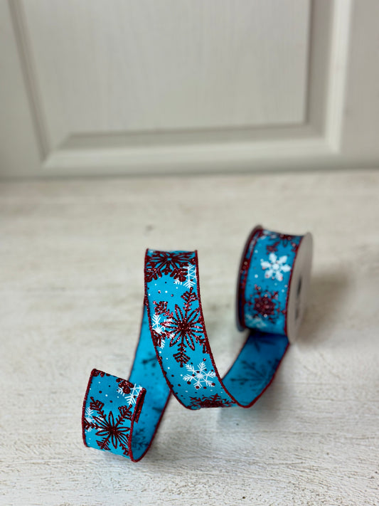 1.5 Inch By 10 Yard Red And Ice Blue Snowflake Ribbon