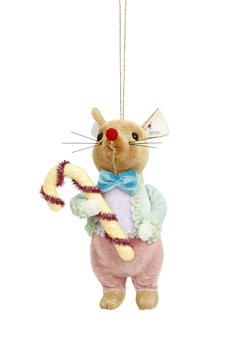 Mark Roberts 6 Inch Felt Pastel Mouse With Candy Cane Ornament