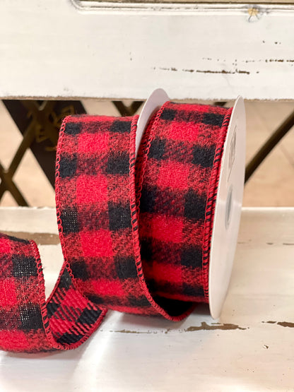 Black And Red Brushed Square Plaid Ribbon 1.5 Inch 10 Yard Roll