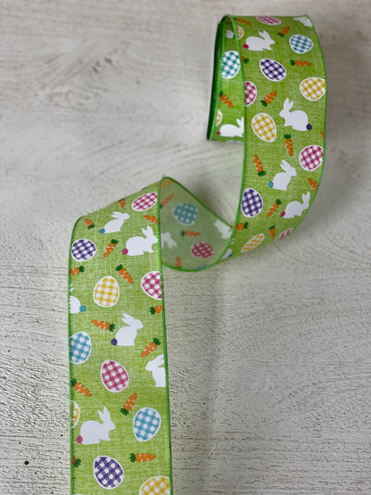 2.5 Inch By 10 Yard Green Background With Carrots Easter Eggs And Bunny Ribbon