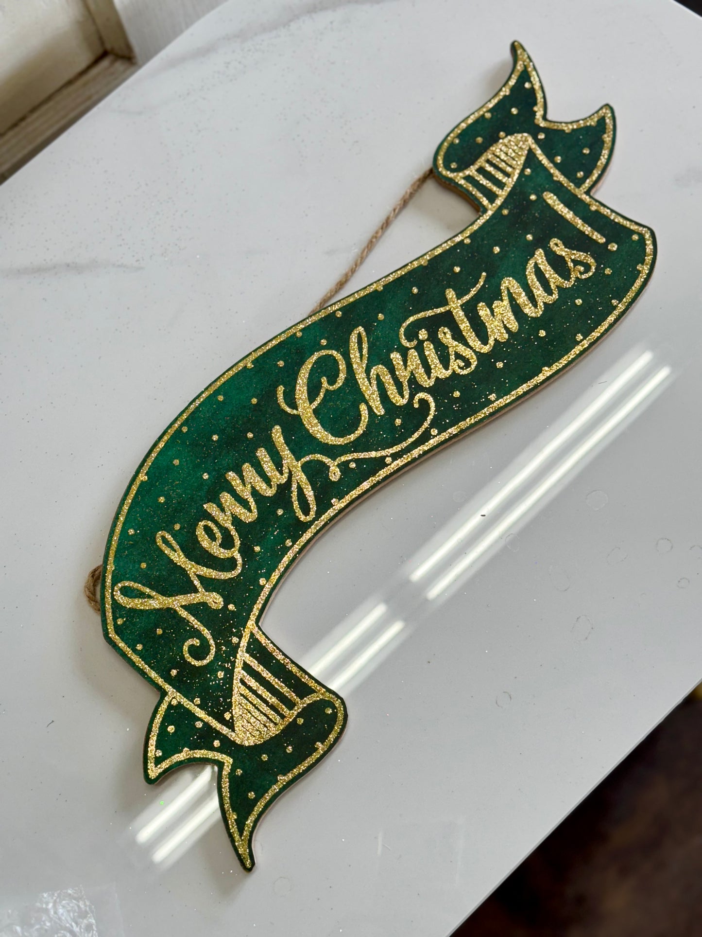 15 Inch Merry Christmas Gold And Emerald Banner Sign