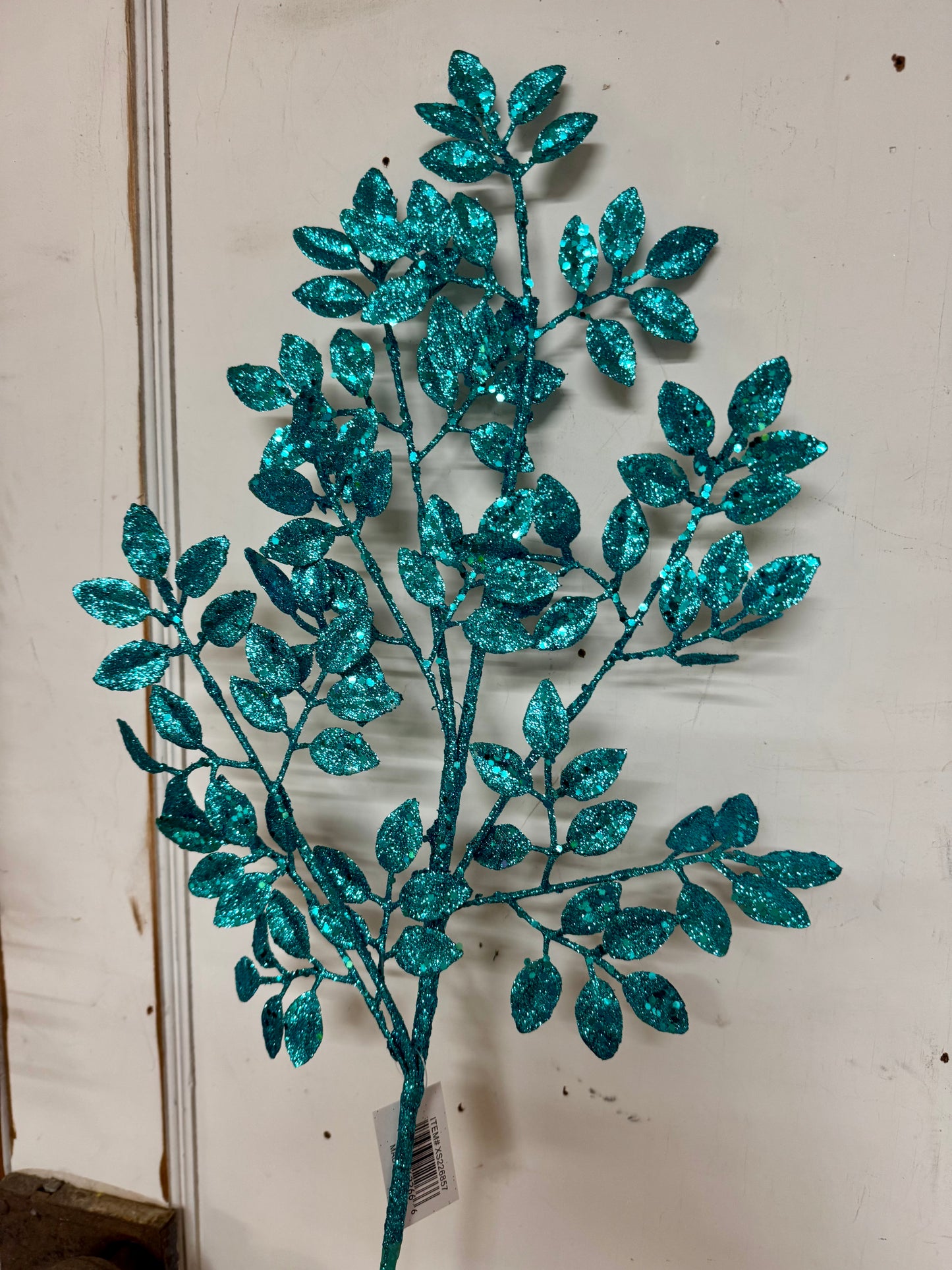 28 Inch Turquoise Glitter Leaf Spray