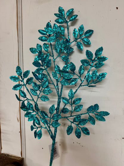 28 Inch Turquoise Glitter Leaf Spray