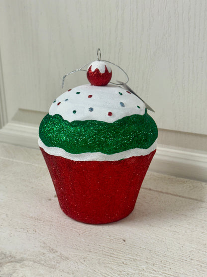 5.5 Inch Red Green Glitter Cupcake Ornament