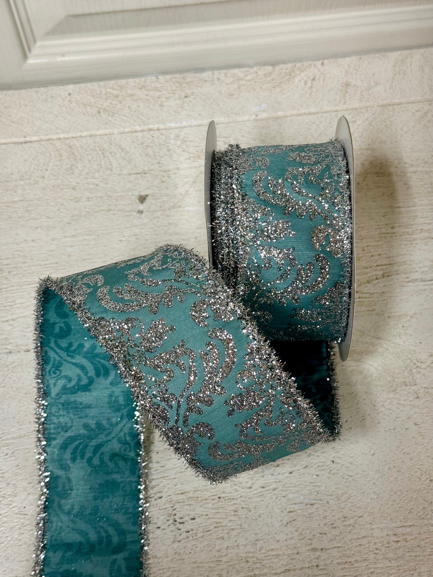 2.5 Inch By 10 Yard Aqua And Silver Demask Ribbon With Silver Tinsel Edging