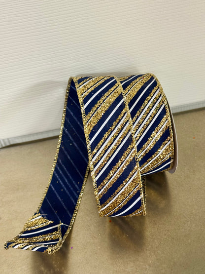 1.5 Inch By 10 Yard Navy Blue And Gold Diagonal Striped Ribbon