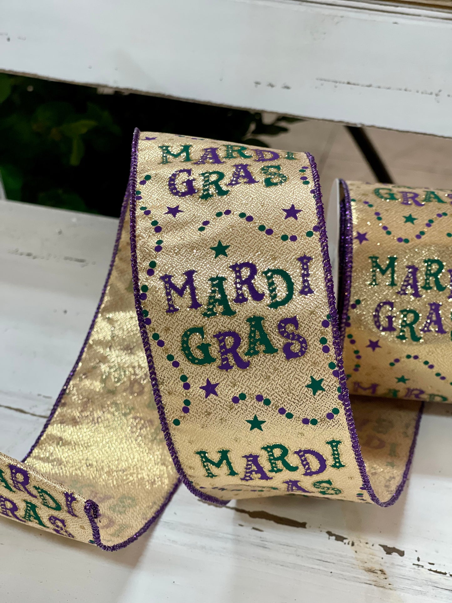 2.5 Inch By 10 Yard Mardi Gras With Beads Ribbon