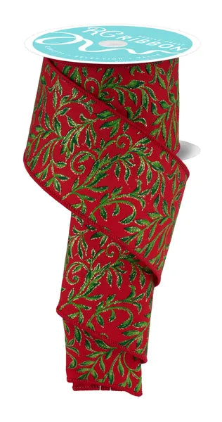 2.5 Inch By 10 Yard Red Green And Gold Tonal Leaves Ribbon