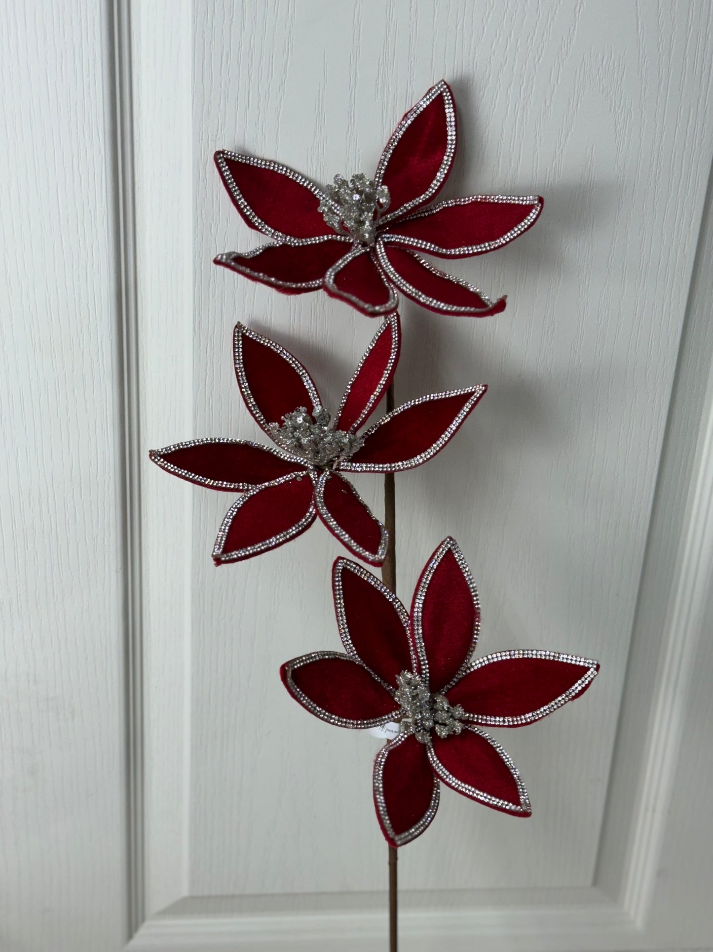 24 Inch Red Velvet Poinsettia Stem With Silver Jewels