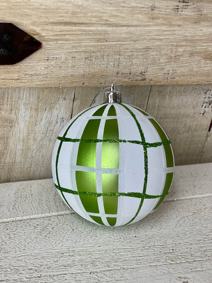 4 Inch Lime Green And White Plaid Ball Ornament