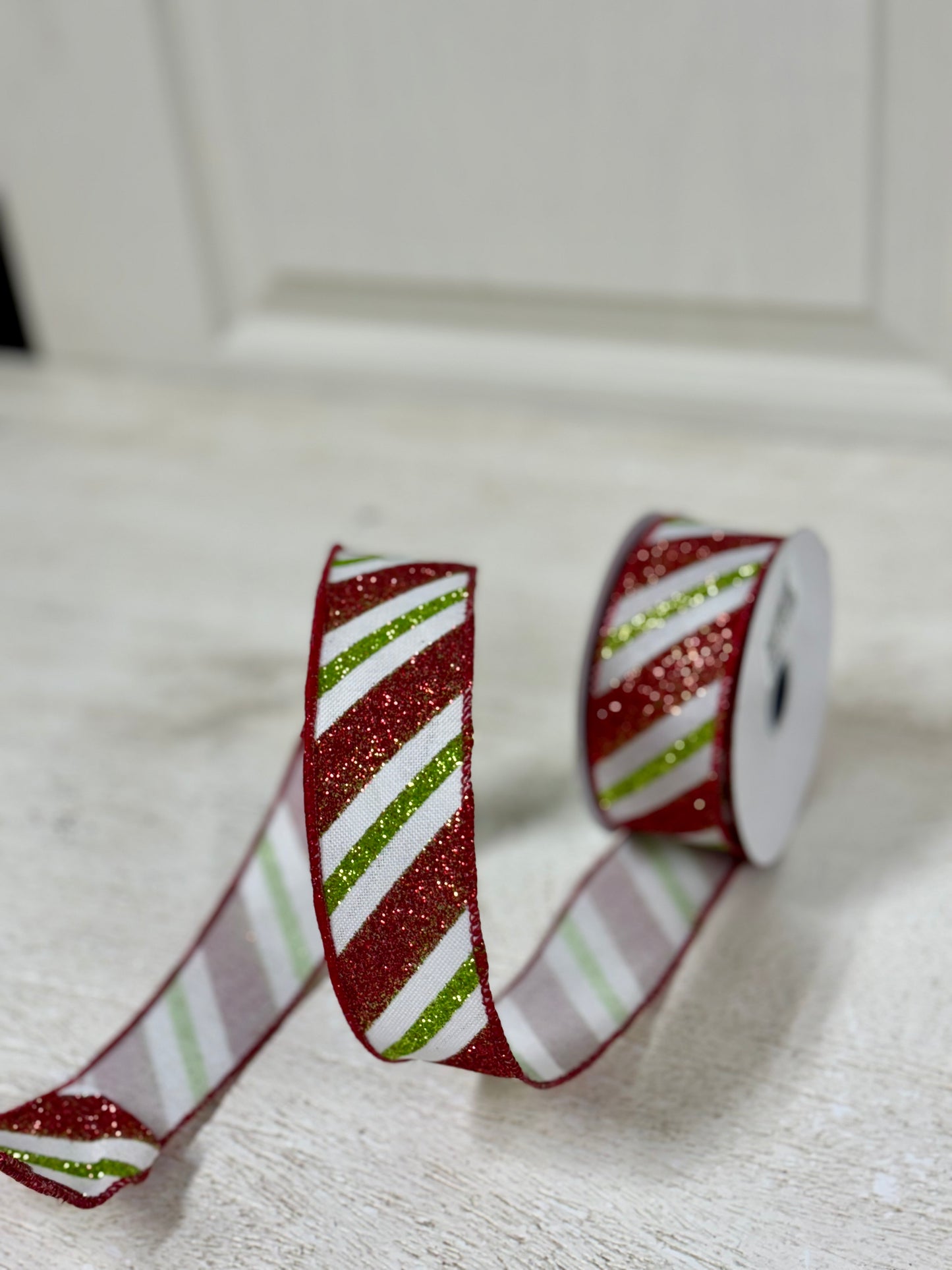 1.5 Inch By 10 Yard Red And Lime Green Glitter Striped Ribbon