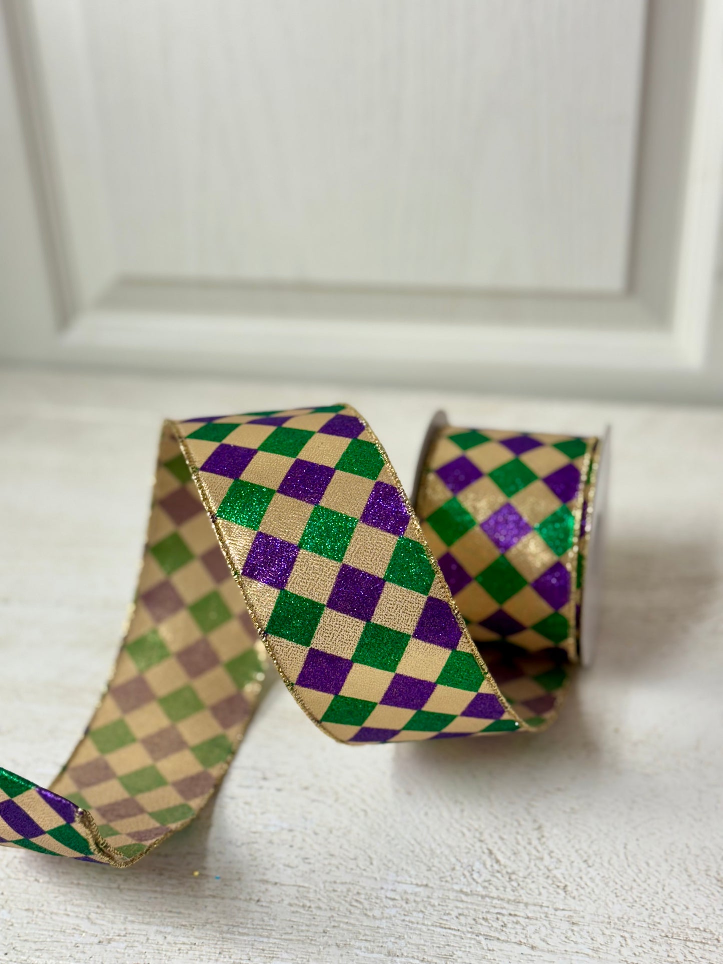 2.5 Inch By 10 Yard Mardi Gras Glitter Diamond Check Ribbon