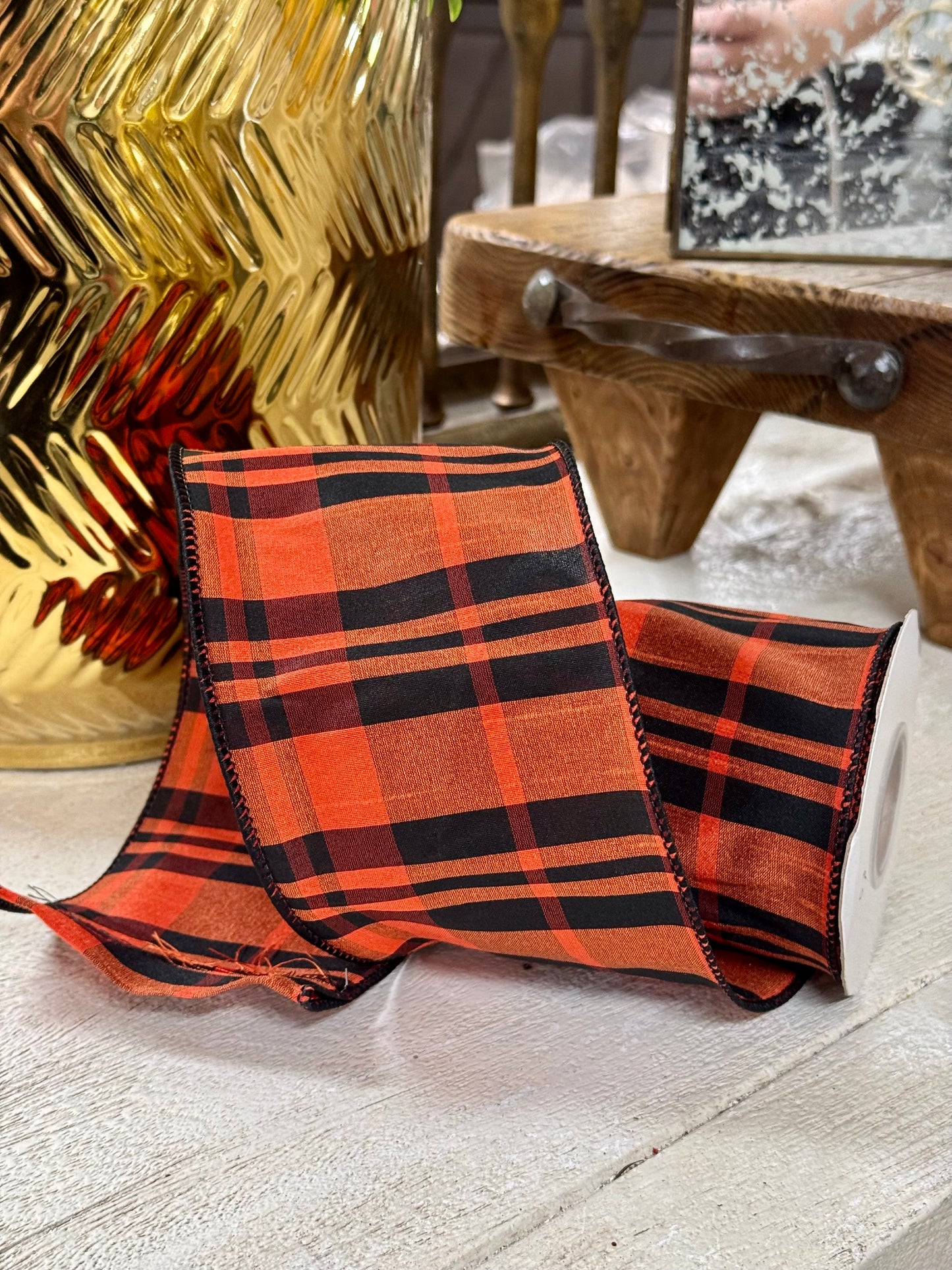 4 Inch By 10 Yard Burnt Orange And Black Dupioni Plaid Ribbon