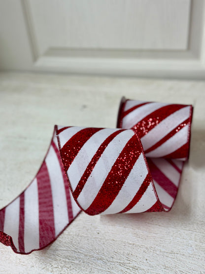 4 Inch By 10 Yard Red And White Glitter Striped Ribbon