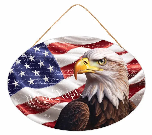 15 By 10.35 Inch Red White And Blue Eagle With Flag Oval Wood Sign