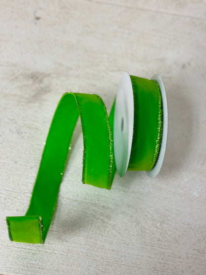 1.5 Inch By 10 Yard Lime Green Velvet Ribbon With Lime Tinsel Trim