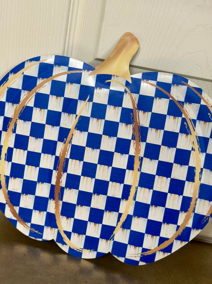 12 Inch Blue Antique White And Gold Check Pumpkin Metal Embossed Wreath Sign