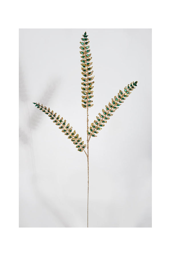 34.5 Inch Green Glittered Rhinestone Mini Leaf Spray