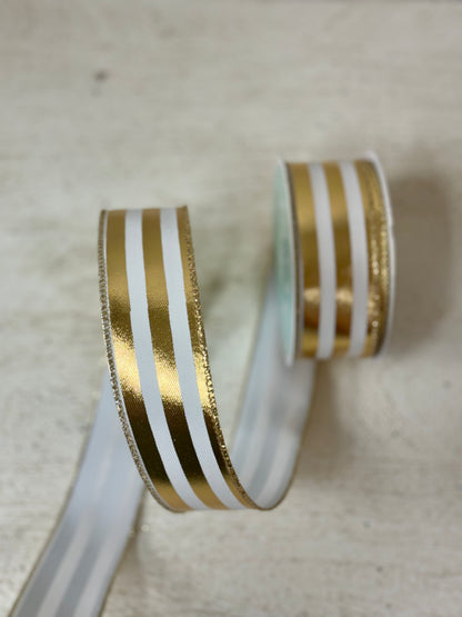 1.5 Inch By 10 Yard White And Gold Vertical Striped Ribbon