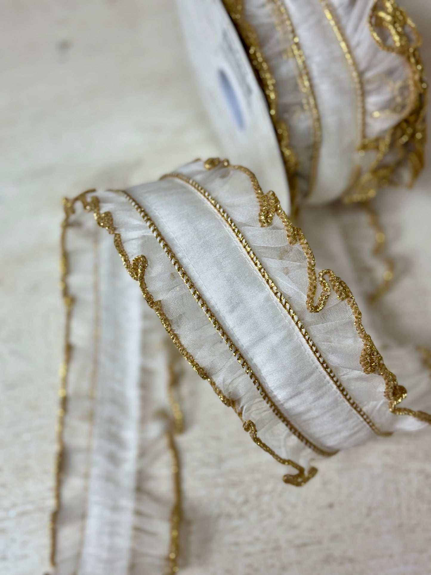 2.5 Inch By 10 Yard Ivory Dupioni Center With Gold Ruffle Edges Ribbon