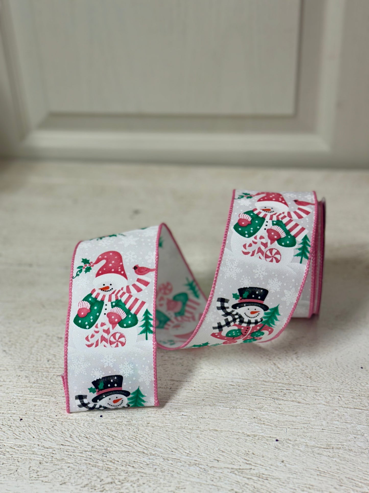 2.5 Inch By 10 Yard Ice Blue And Pink Snowman Ribbon