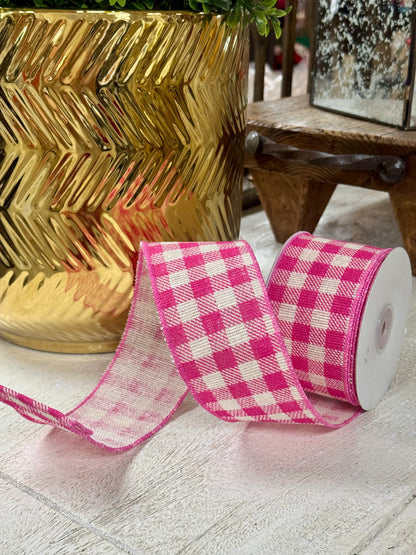 2.5 Inch By 10 Yard Hot Pink And White Gingham Twill Ribbon