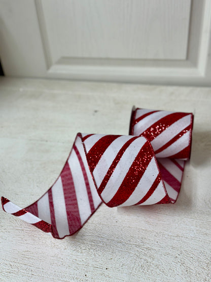 4 Inch By 10 Yard Red And White Glitter Striped Ribbon