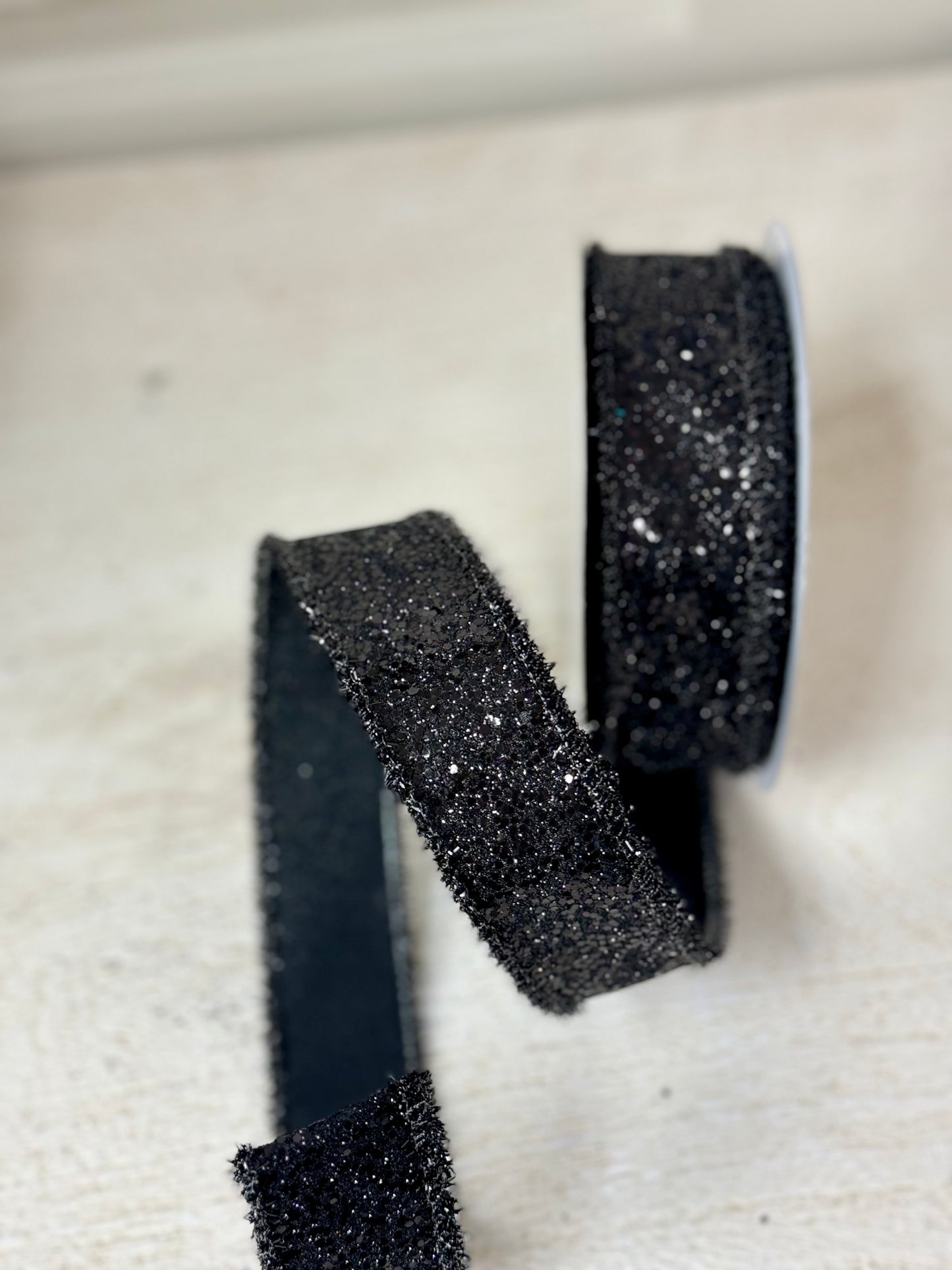 1.5 Inch By 10 Yard Black Glitter Ribbon With Tinsel Edging