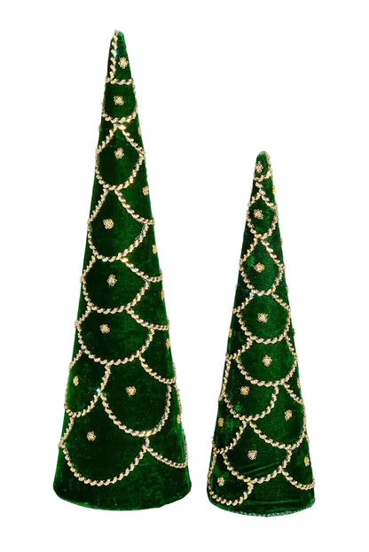 Set Of Two 18 And 24 Inch Emerald Green Jeweled Scalloped Velvet Cone Tree