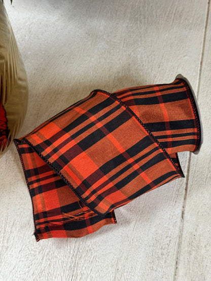 4 Inch By 10 Yard Burnt Orange And Black Dupioni Plaid Ribbon