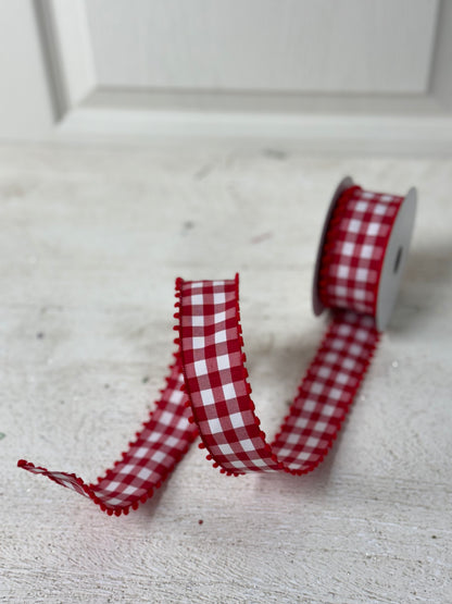 1.5 Inch By 10 Yard Red And White Gingham Check With Red Pom Pom Ribbon