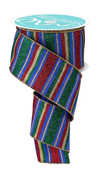 2.5 Inch By 10 Yard Royal Blue Red And Emerald Horizontal Stripe Ribbon