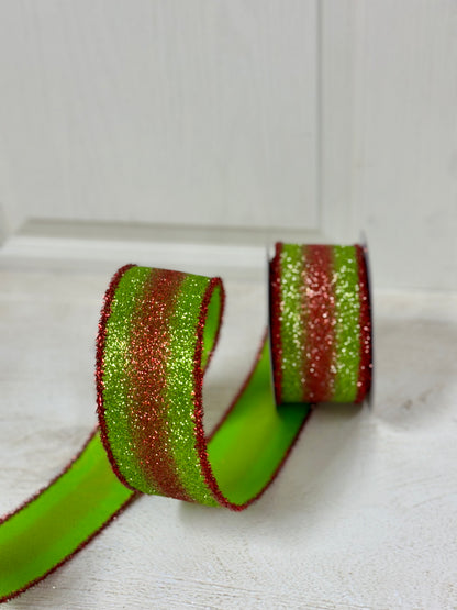 2.5 Inch By 10 Yard Red And Lime Gradient Glitter With Red Tinsel Edging Ribbon