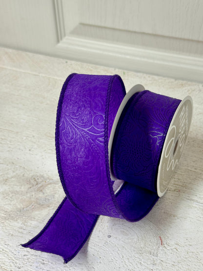 1.5 Inch By 10 Yard Purple Floral Leaves Ribbon