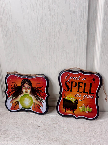 7 Inch Halloween Spells Metal Sign Two Assorted