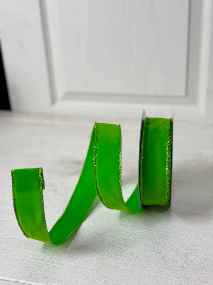 1.5 Inch By 10 Yard Lime Green Velvet Ribbon With Lime Tinsel Trim