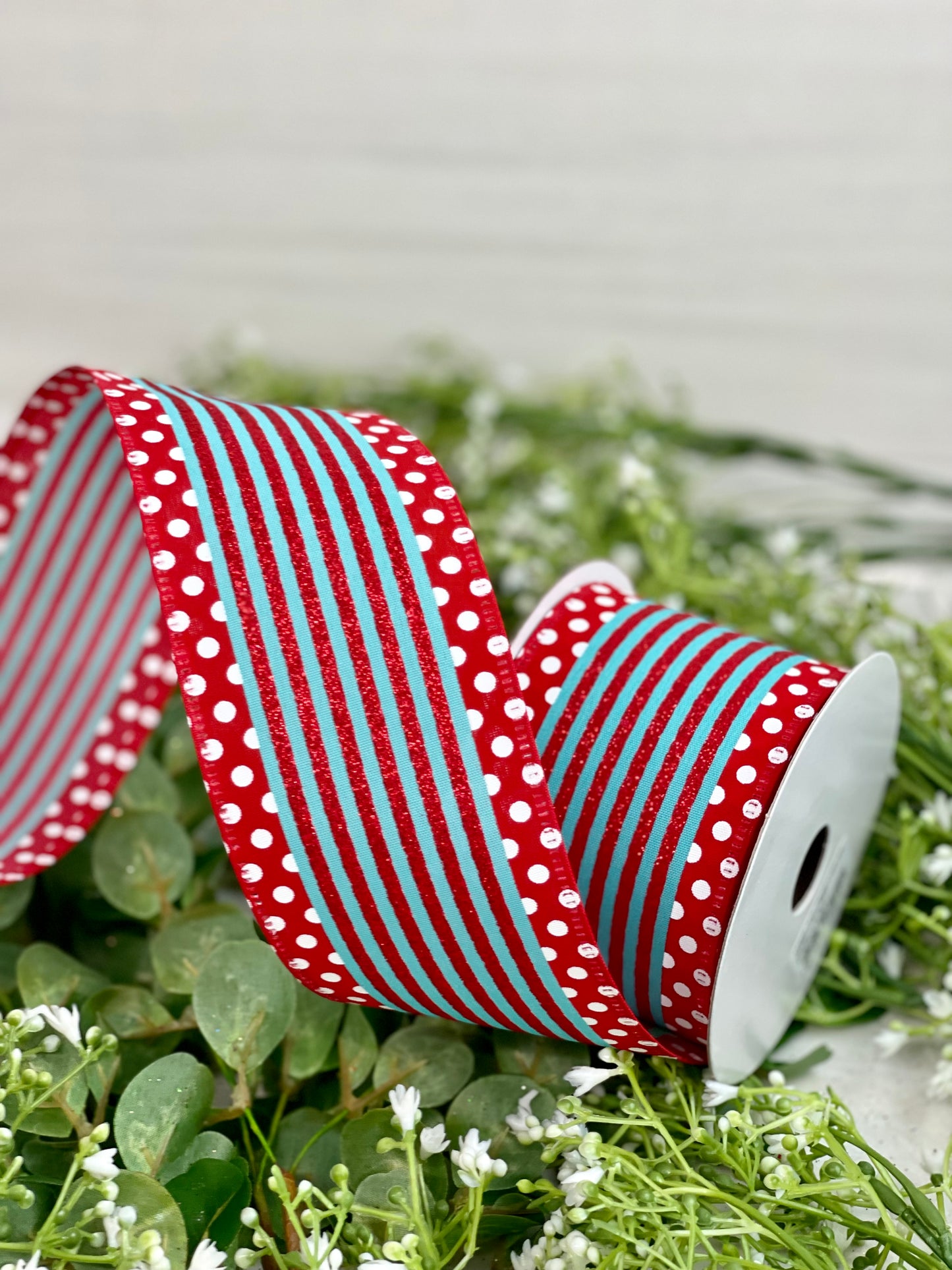 2.5 Inch By 10 Yard Aqua Glitter Stripe Ribbon With Red And White Polka Dot Ribbon