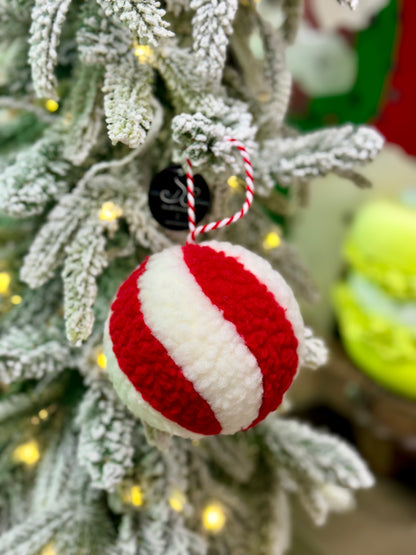 4 Inch Red And White Whimsical Wool Peppermint Stripe Ornament Ball