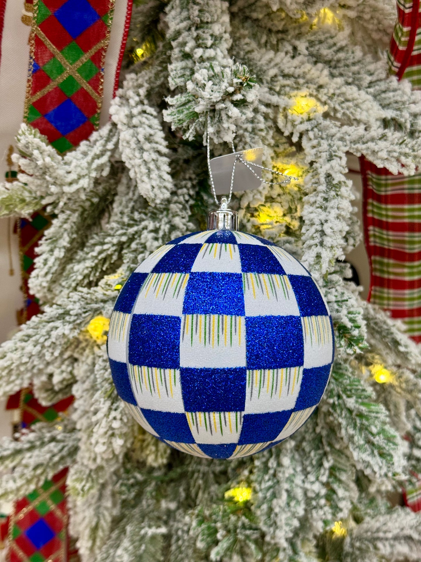 4 Inch Blue And White Glitter Check Ornament