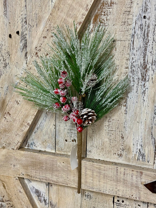 16 Inch Snow Covered Berry Pinecone Needle Bush