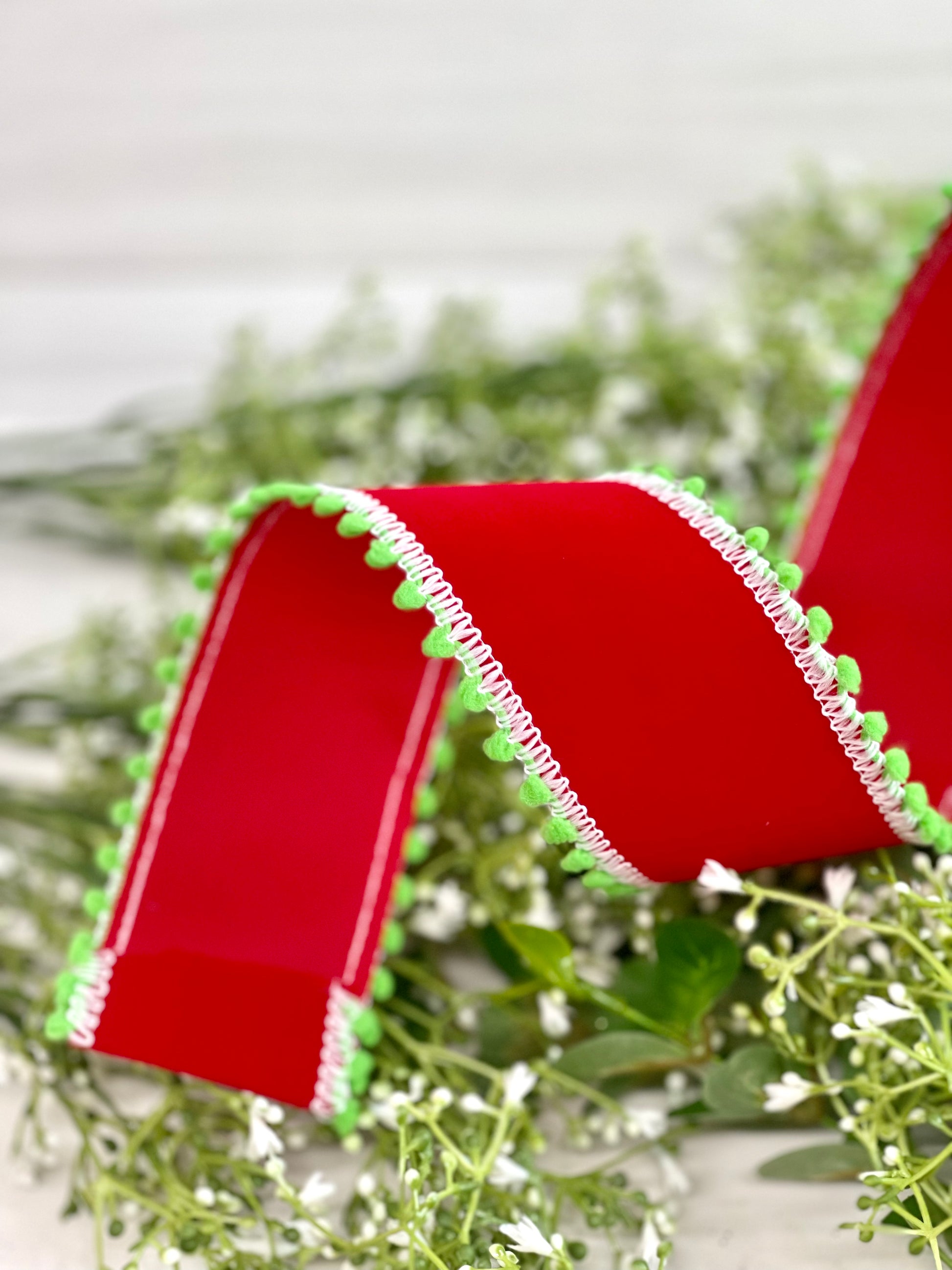 Pom Pom Edge Wired - Red and Green - Ribbon - 1 1/2 inch - 1 Yard