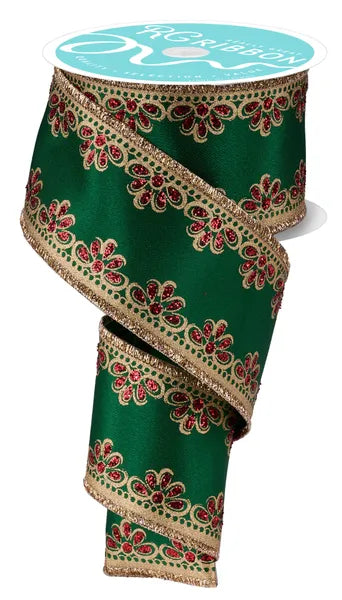 2.5 Inch By 10 Yard Red And Gold Scallop Trim On Emerald Ribbon