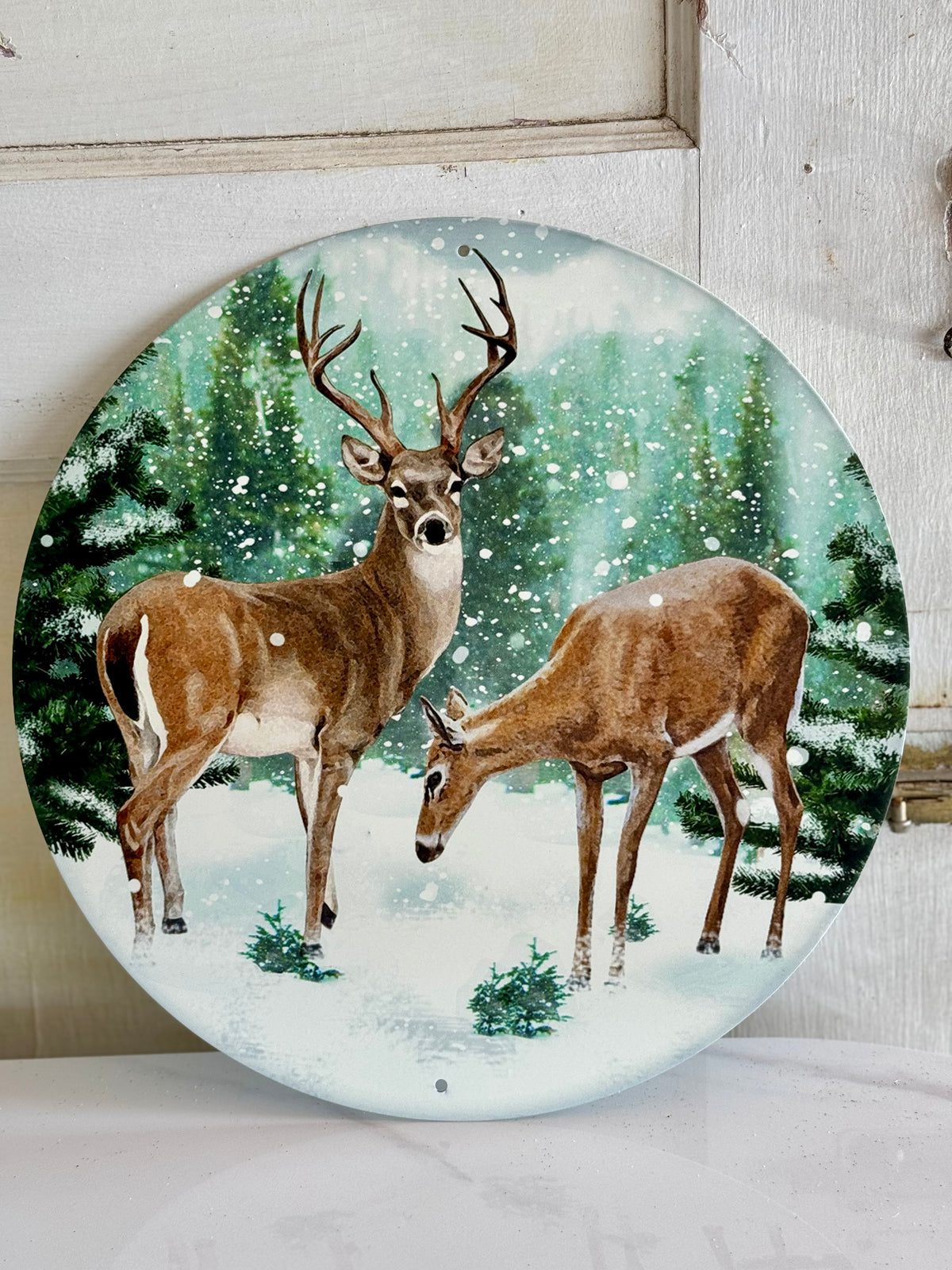12 Inch Snow Scene Deer Metal Sign