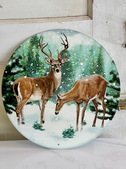 12 Inch Snow Scene Deer Metal Sign