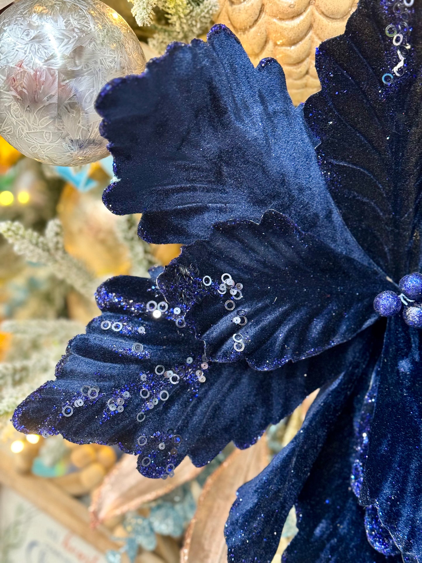 19 Inch Jumbo Navy Blue Velvet Poinsettia Stem