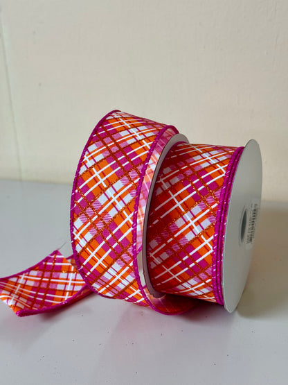 1.5 Inch By 10 Yard Orange And Pink Plaid Ribbon