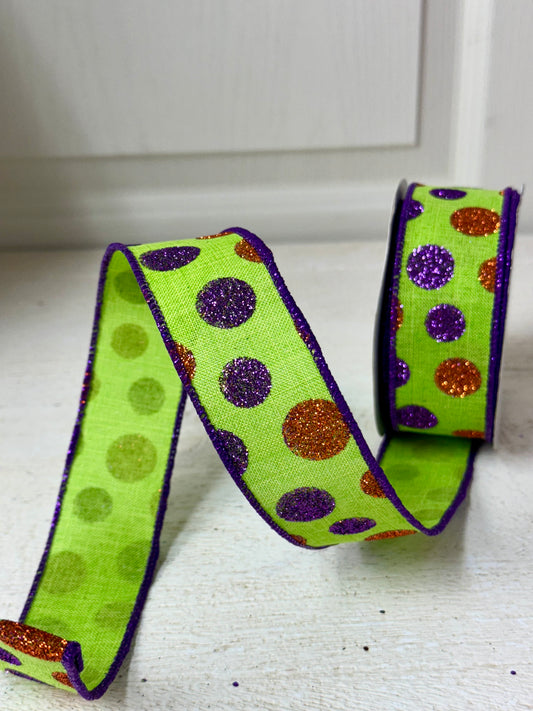 1.5 Inch By 10 Yard Lime Purple And Orange Glitter Polka Dot Ribbon